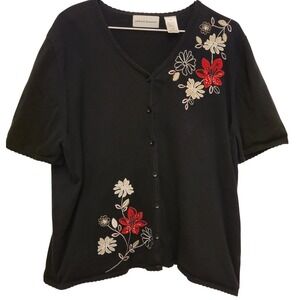 Alfred Dunner Black & Floral Applique Short Sleeve Cardigan Size XL